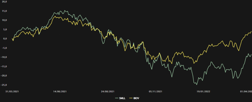 Gráfico comparando a performance dos índices Ibovespa e Small Caps nos últimos 12 meses