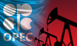 montagem com bandeira da Opep e bombas de extração de petróleo